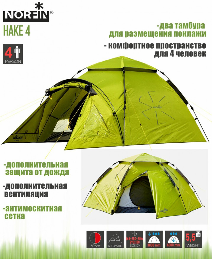 Палатка автоматическая 4-х мест. Norfin HAKE 4 NF